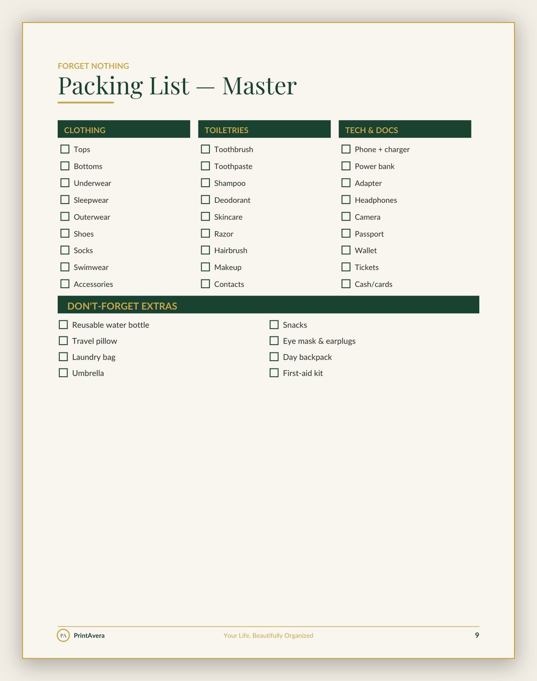 A sample page from the Travel Planning & Trip Tracking collection